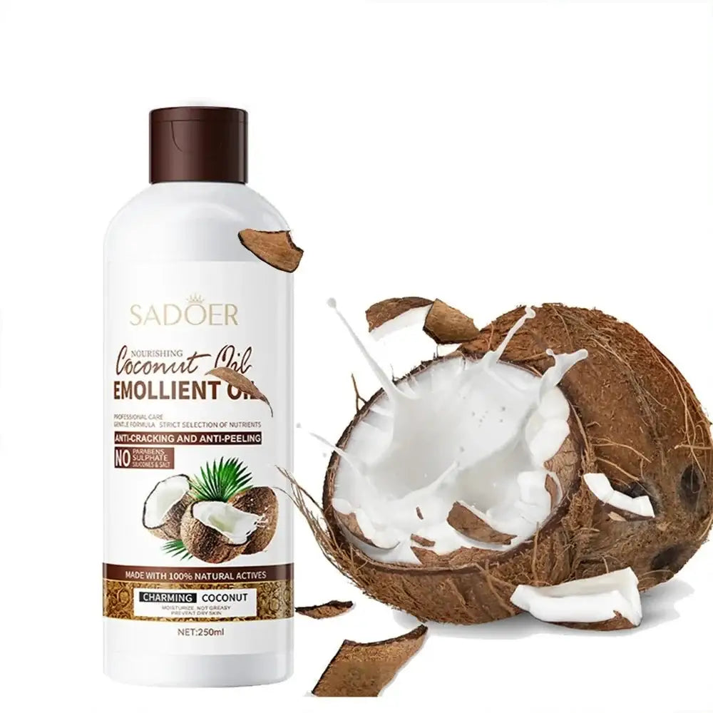 Bottle of coconut oil emollient lotion next to a cracked open coconut.