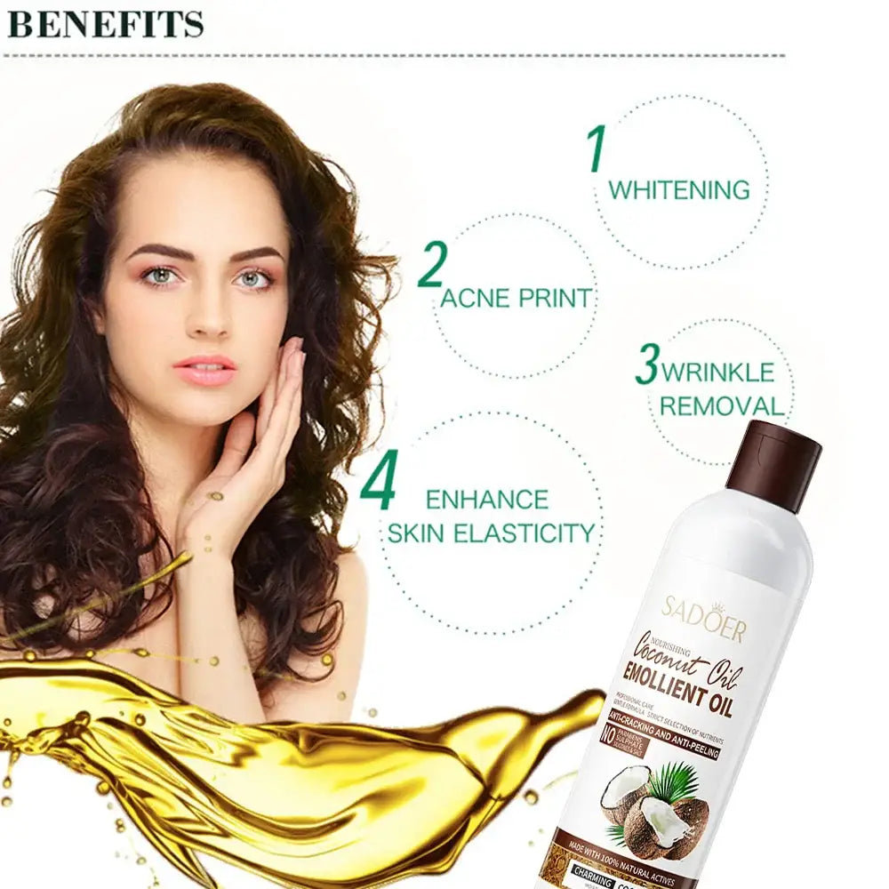 Bottle of coconut brilliant oil skincare product with listed beauty benefits.