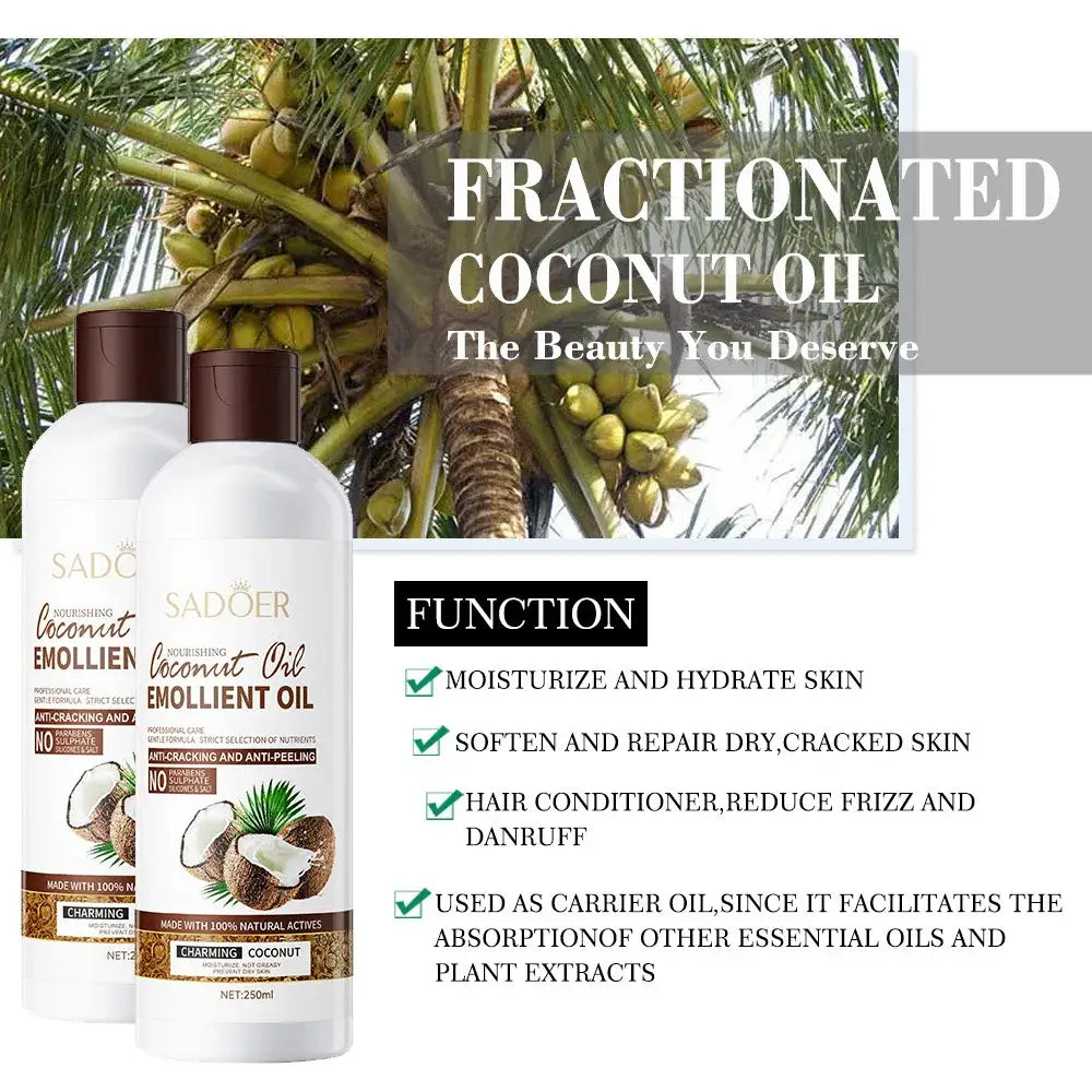 Bottles of fractionated coconut oil skincare product with product information and benefits listed.