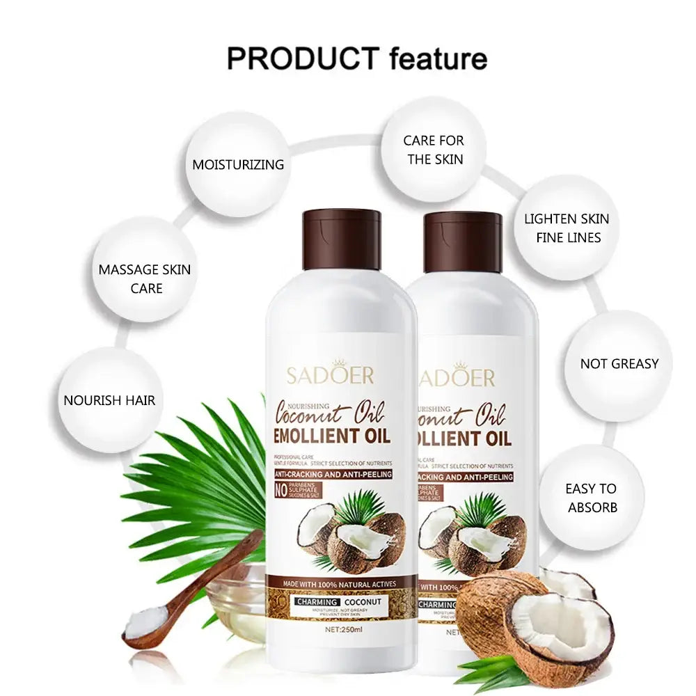 Two bottles of Sadoer coconut oil emollient product with product features listed around them.