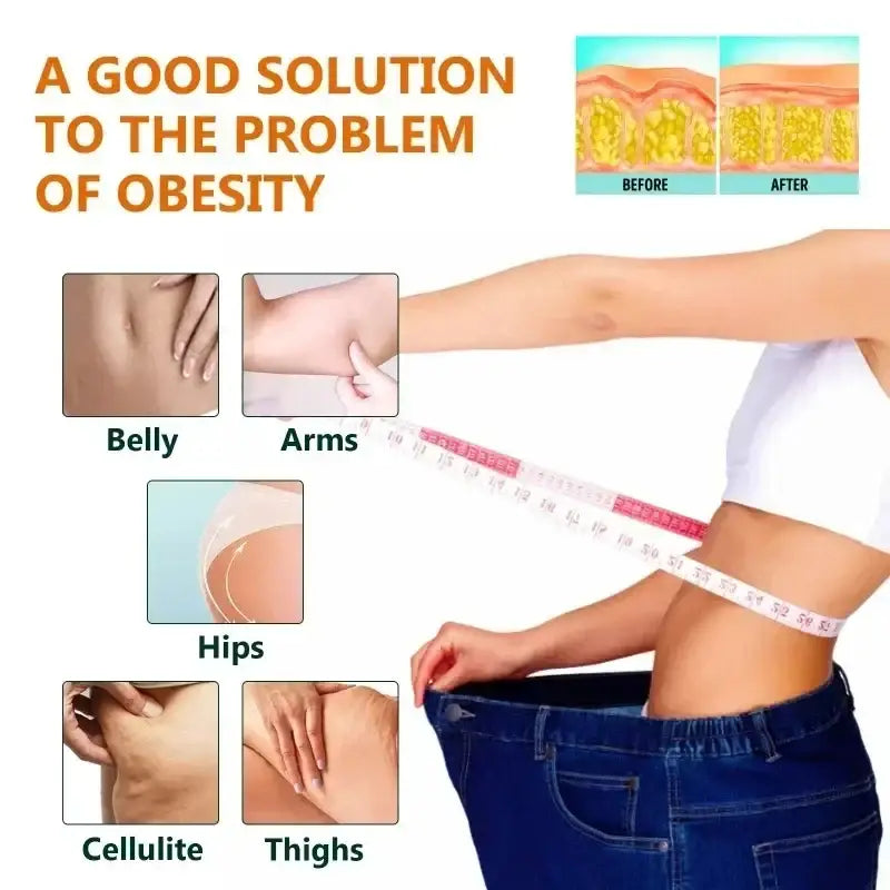 Collage of body parts and weight loss imagery promoting a solution to obesity.