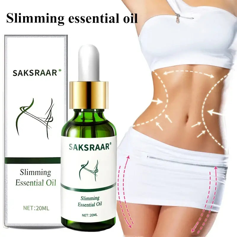 Green glass bottle of ’SAKSRAAR’ slimming essential oil with dropper cap and product packaging.