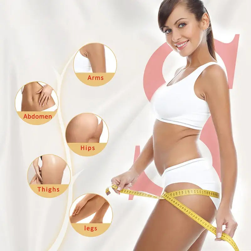 Woman in white workout attire measuring her thigh with a yellow tape measure, surrounded by circular callouts highlighting different body parts.