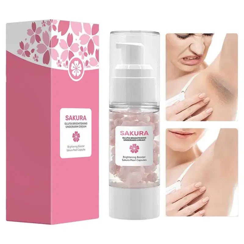 Pink-packaged skincare product called Sakura with accompanying application images.