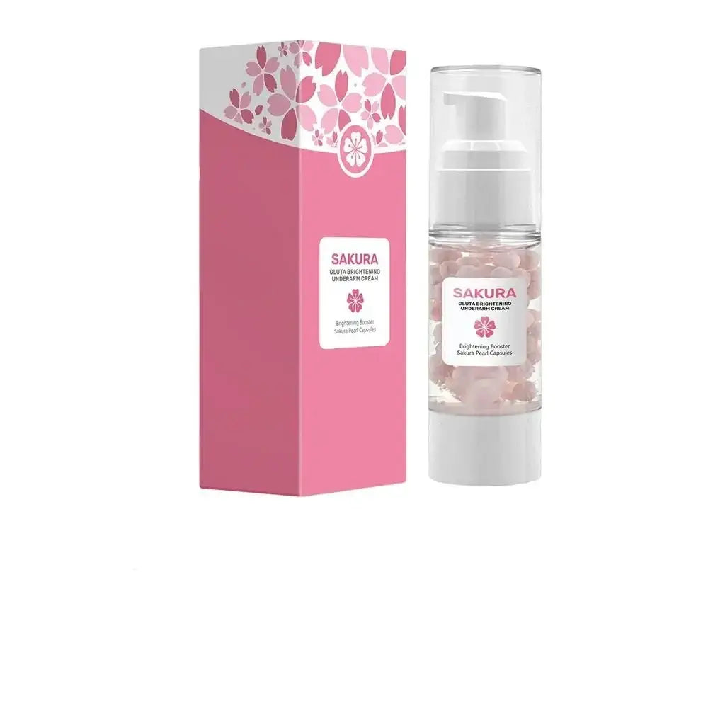 Pink-packaged skincare product with a clear bottle containing a light-colored serum or cream.