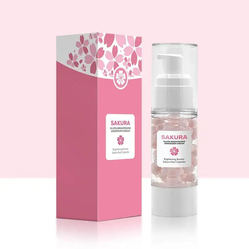 Pink skincare product packaging featuring a bottle and box with sakura (cherry blossom) motif.