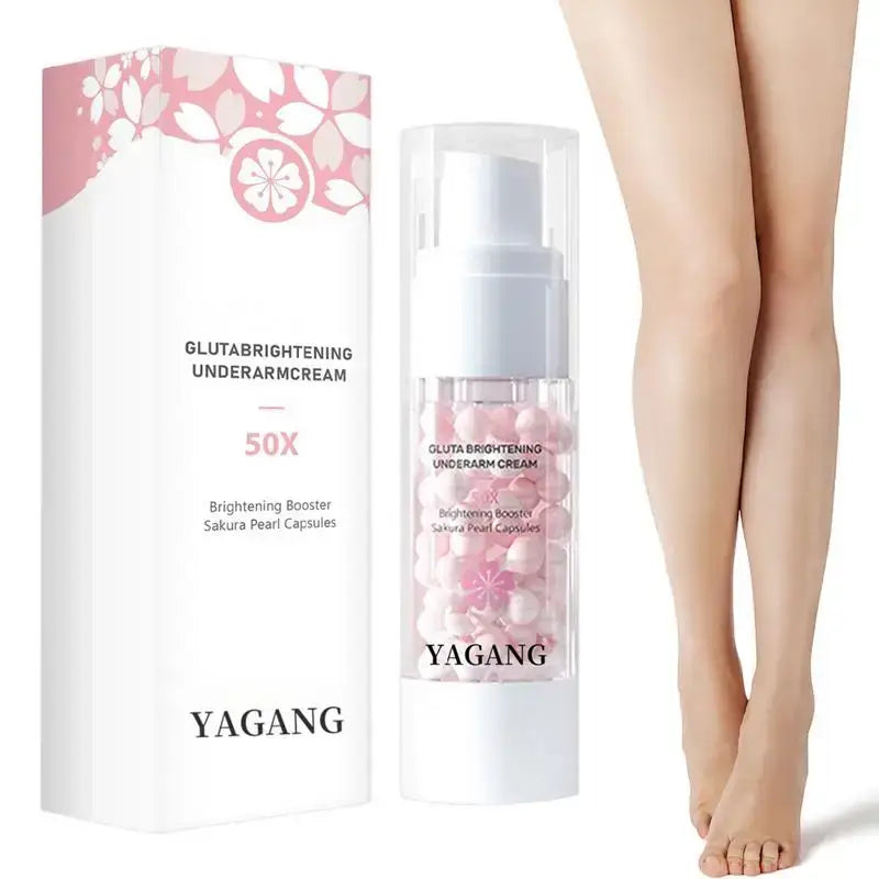 Skin brightening cream in a white bottle with pink floral design.