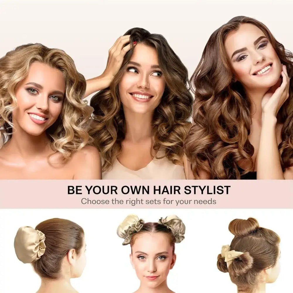 Advertisement for hair styling products or services featuring models with different hairstyles.