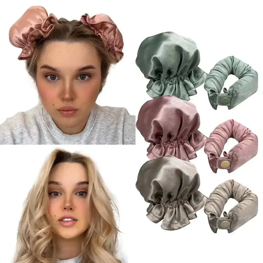 Satin hair bonnets and matching scrunchies in various pastel colors.