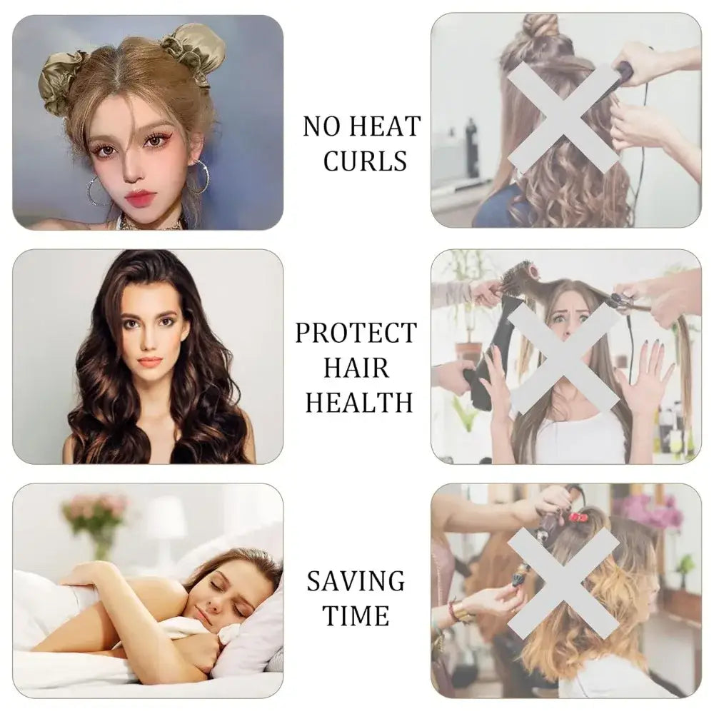 Collage of hair styling and care images with text captions.