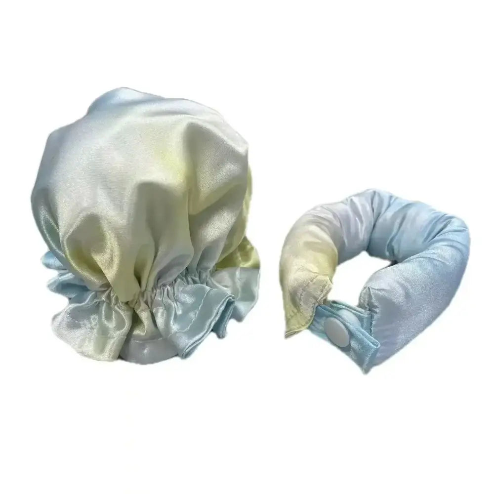 Satin or silk sleep bonnet and matching hair wrap or scrunchie in pale pastel colors.