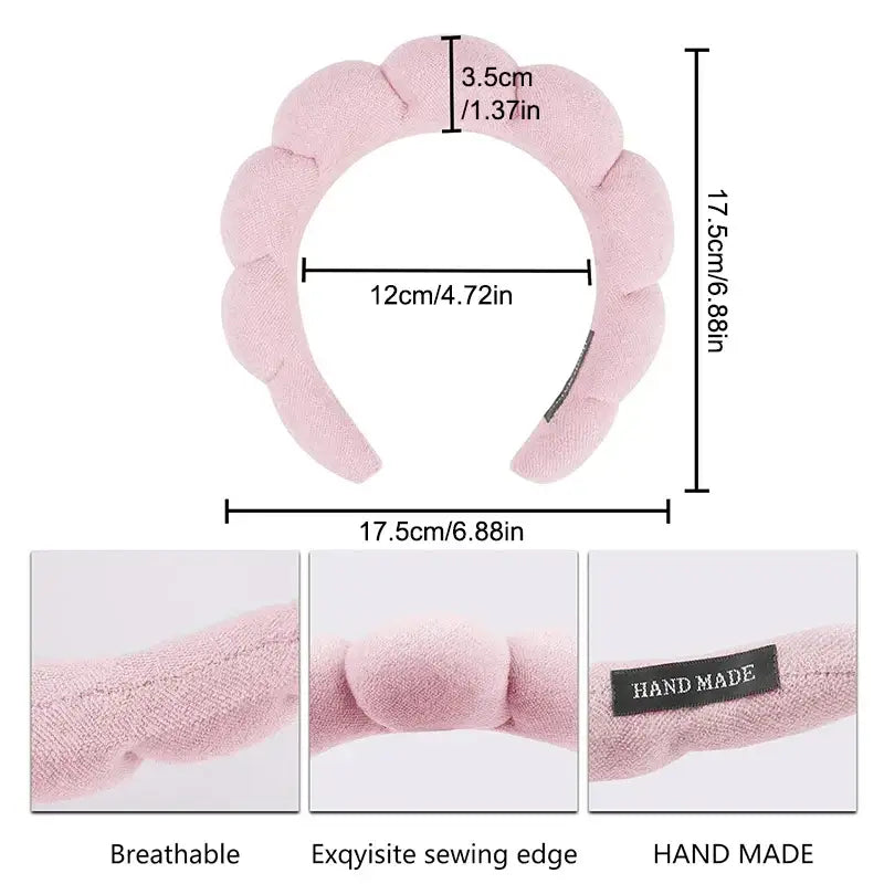 Pink, cloud-shaped headband with labeled dimensions and product features.