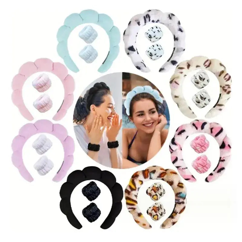 Collage of headbands in various colors and patterns surrounding a central photo of two women.