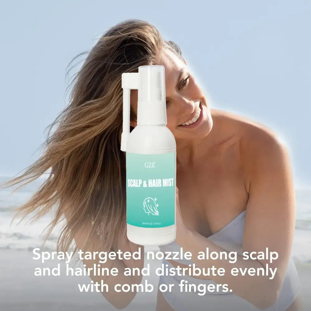 Teal and white bottle of scalp and hair mist product.