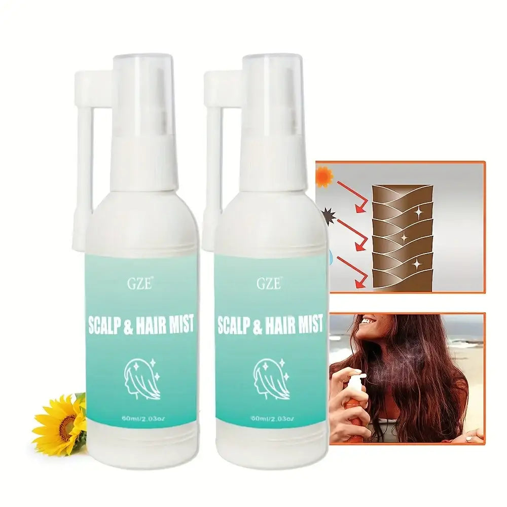 Two bottles of scalp and hair mist spray with teal and white gradient design.