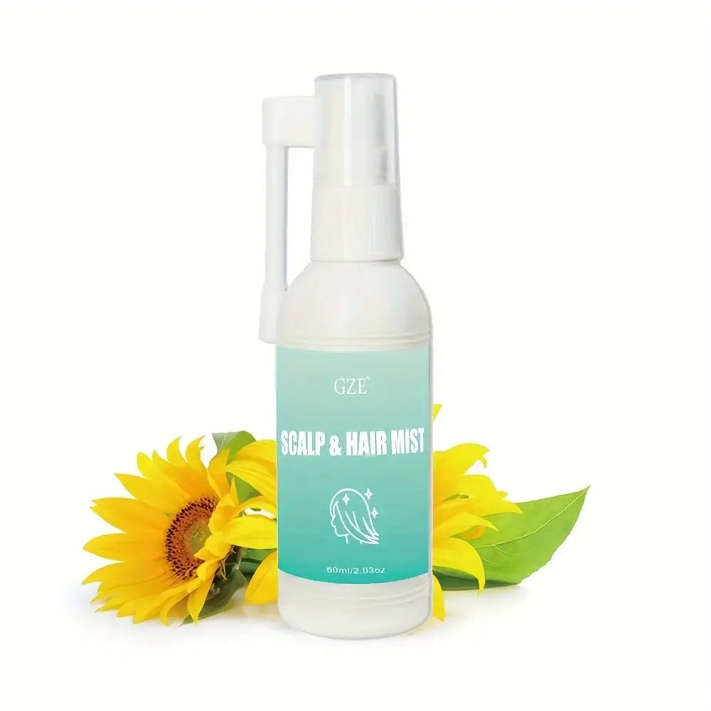 White bottle of scalp and hair mist with a teal label.