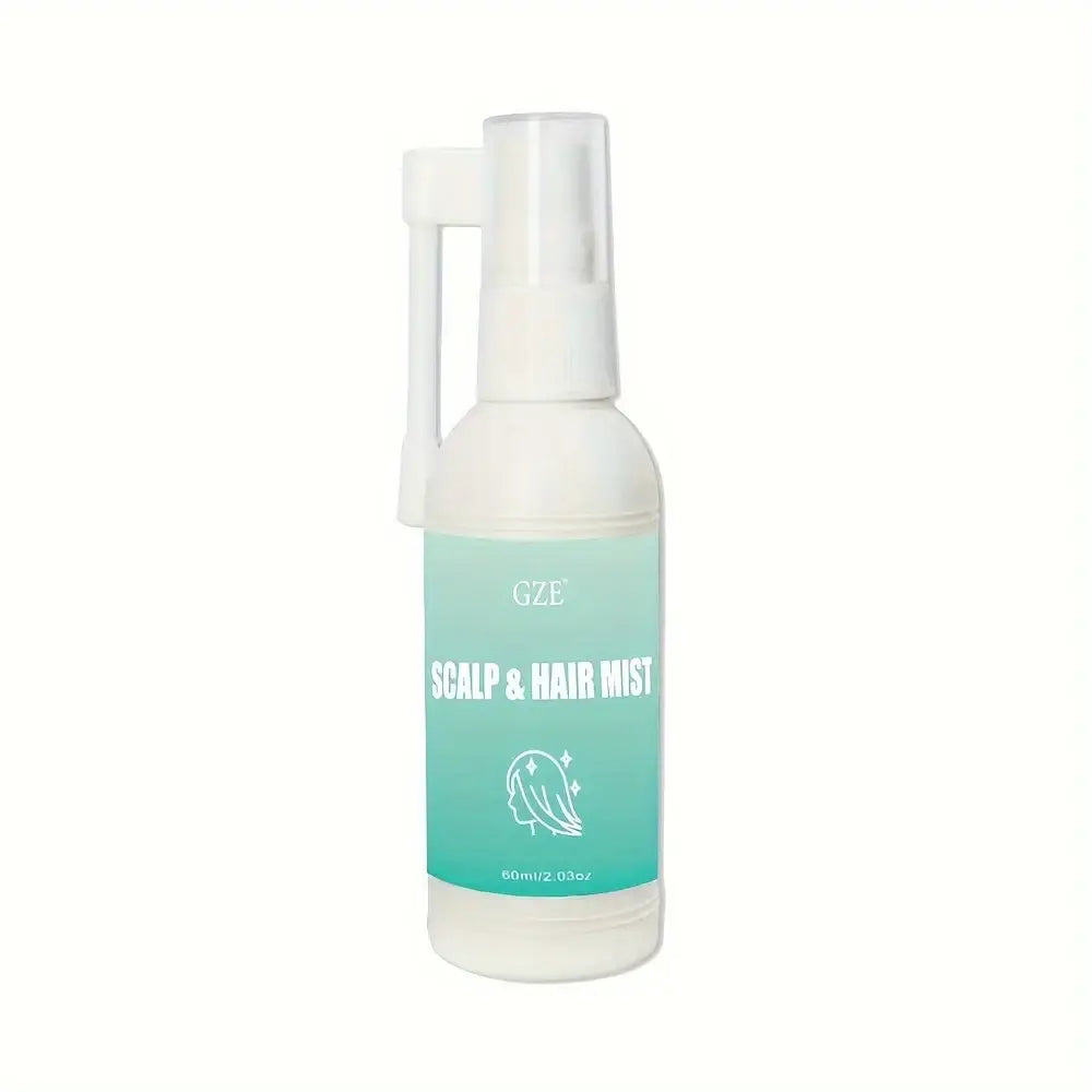 White bottle of scalp and hair mist with a mint green label.