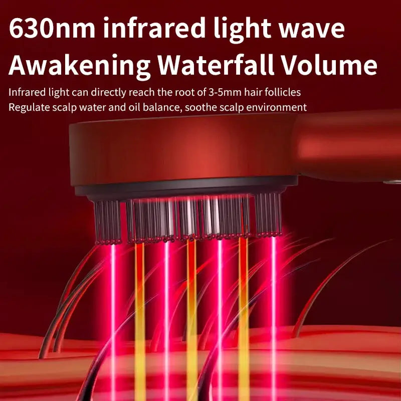 Infrared light therapy device for hair and scalp treatment with glowing red beams.