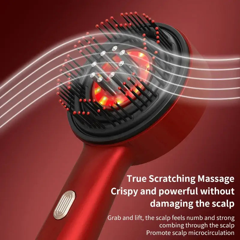 Red electric scalp massager with rotating tines and illuminated center.