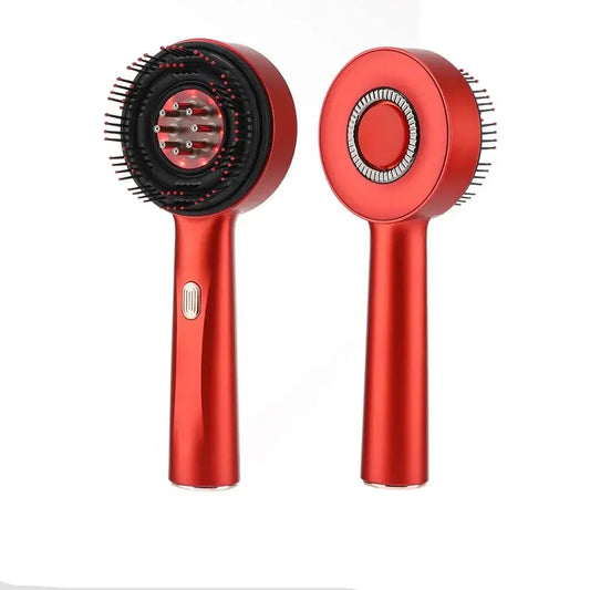 Red handheld hair dryer brushes with circular brush heads and metallic handles.