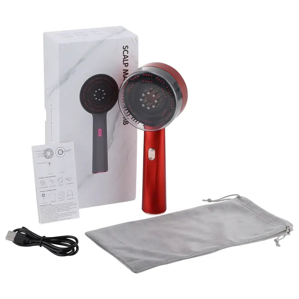 Red handheld shower head with a black circular face containing multiple nozzles.