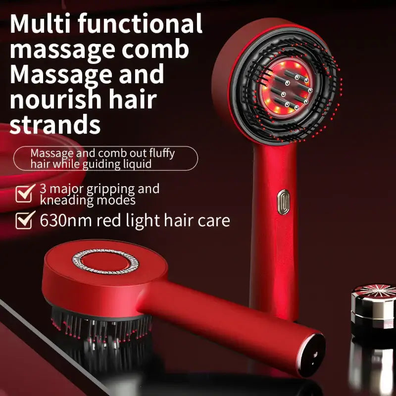 Red multifunctional electric hair massage comb with LED light therapy.