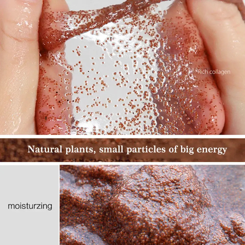 Close-up view of a human tongue covered in small brown particles.