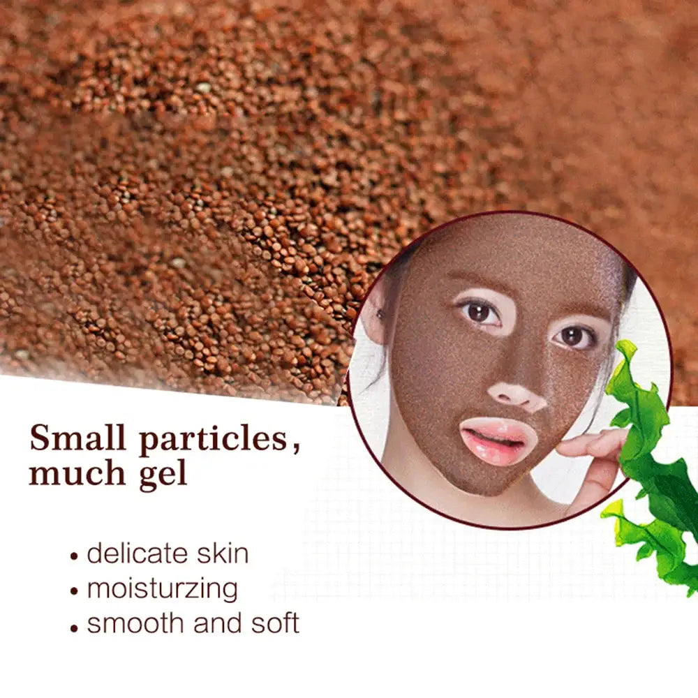 Facial skincare product advertisement featuring particles and a circular inset image.