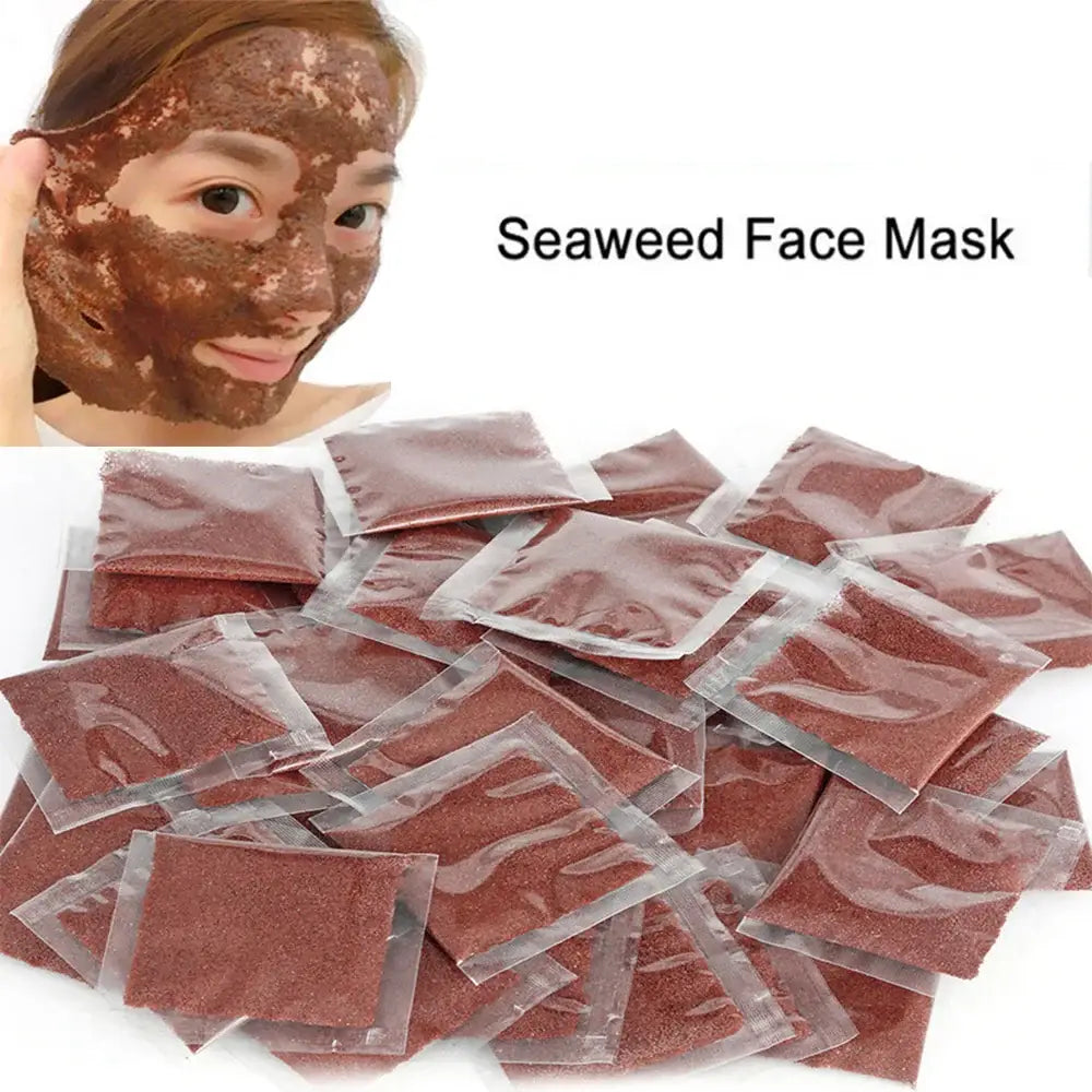 Seaweed face mask applied to skin, with multiple packaged mask sheets shown below.