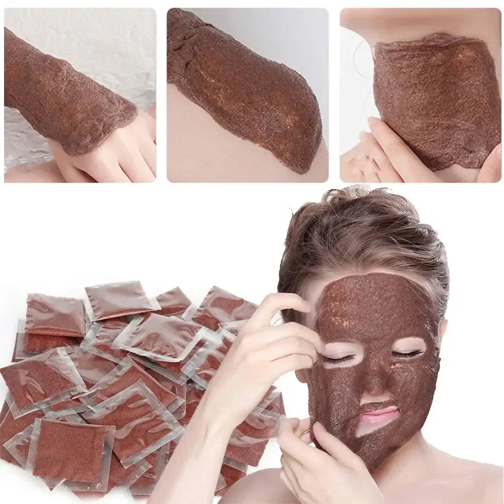 Chocolate face mask being applied to a person’s face, with individual mask pieces shown above.