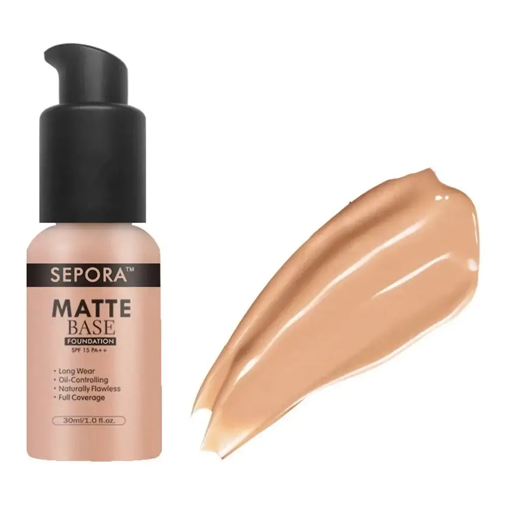 Bottle of matte foundation makeup with a swatch of the product beside it.