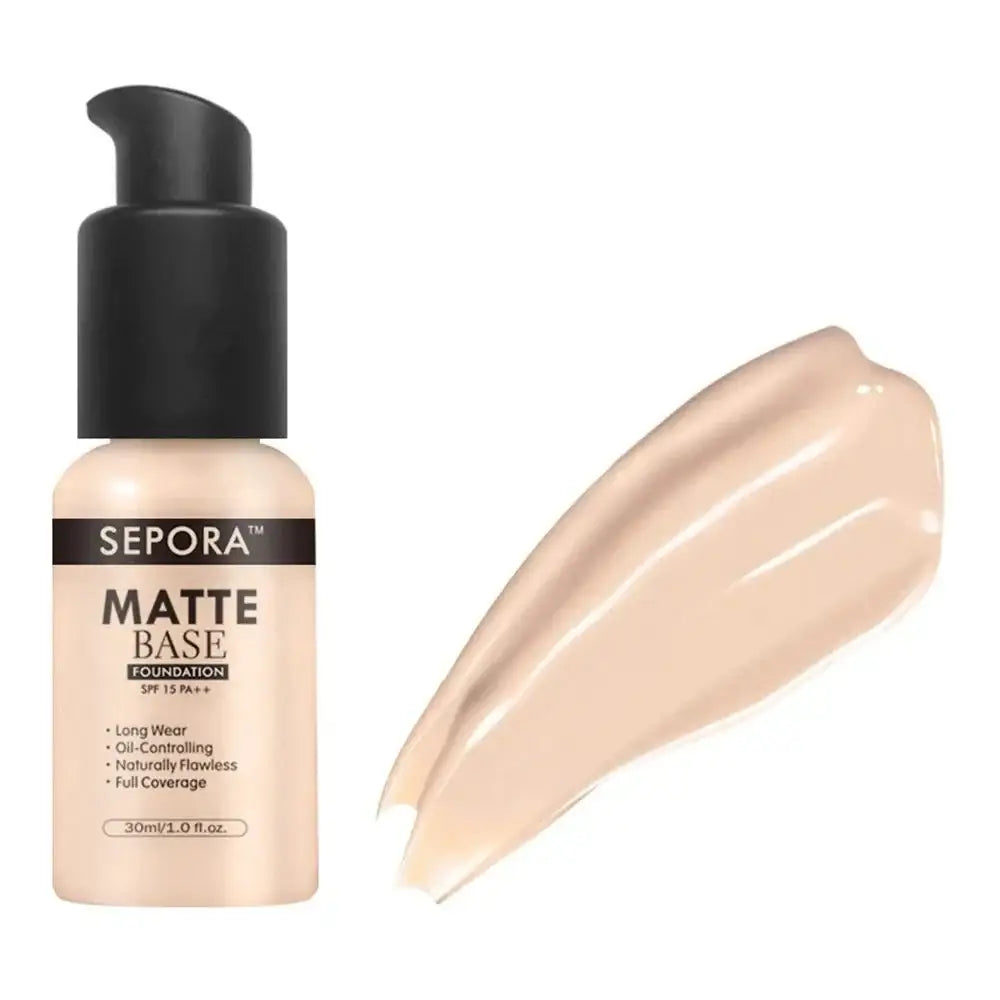 Bottle of Sepora matte base foundation with a swatch of the product beside it.