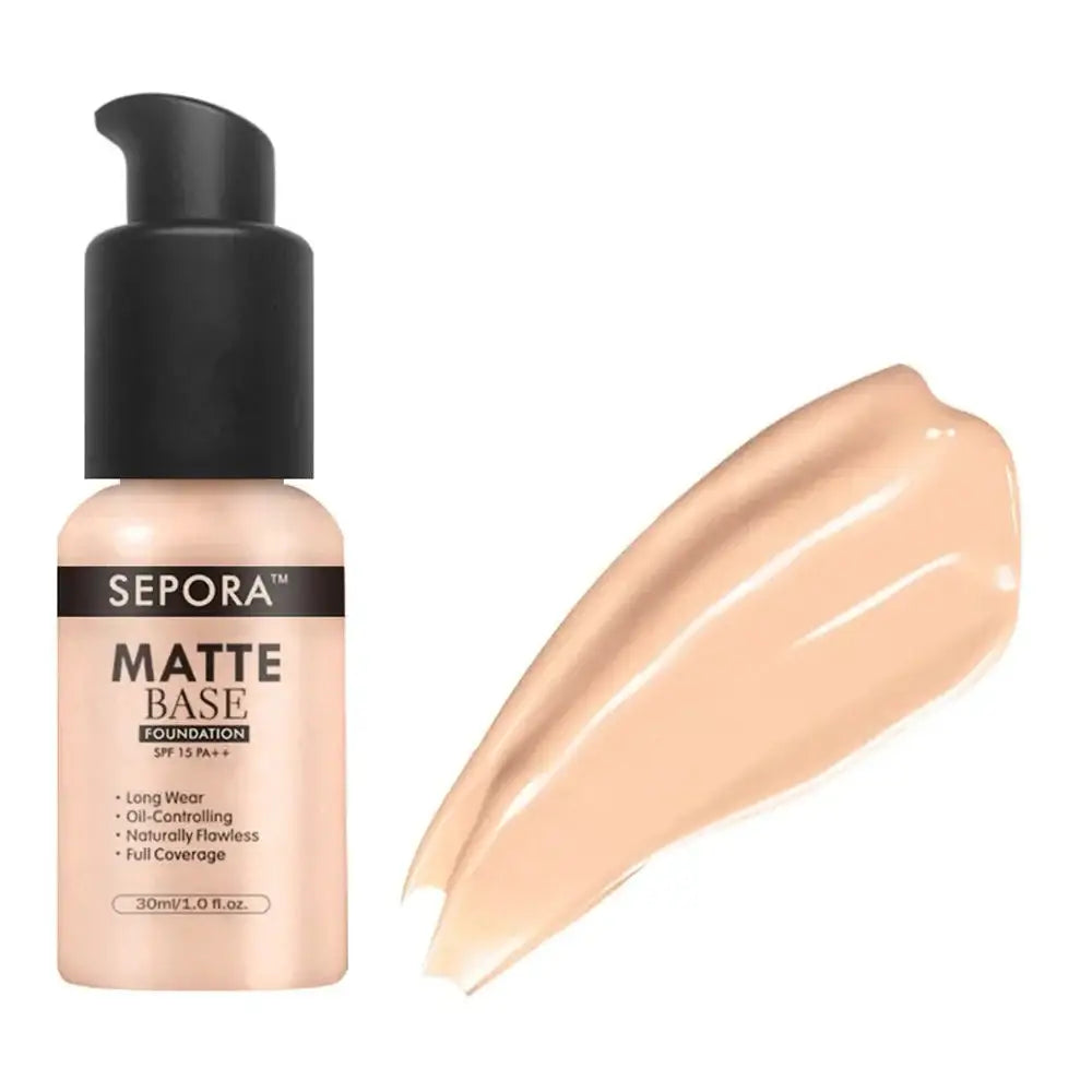 Bottle of Sepora matte base foundation with a swatch of the product beside it.