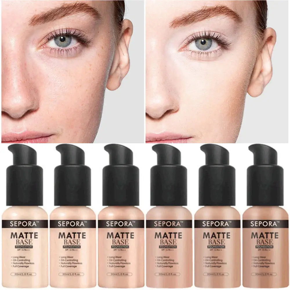 Makeup foundation bottles in various shades with close-up facial images above.