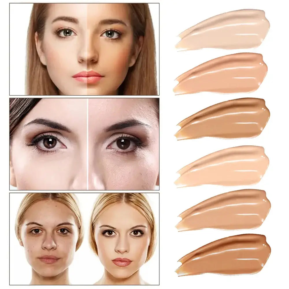 Collage of facial features and makeup swatches demonstrating beauty transformations.