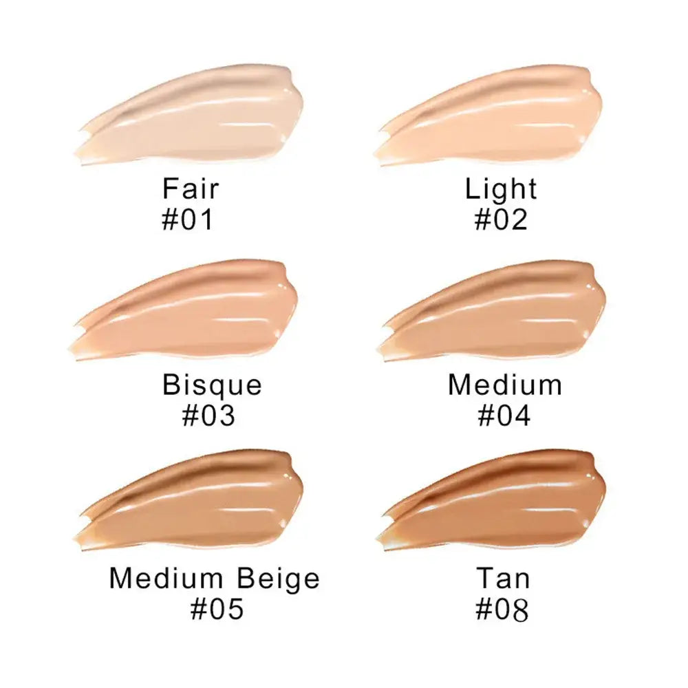 Color swatches of various foundation or concealer shades ranging from fair to tan.