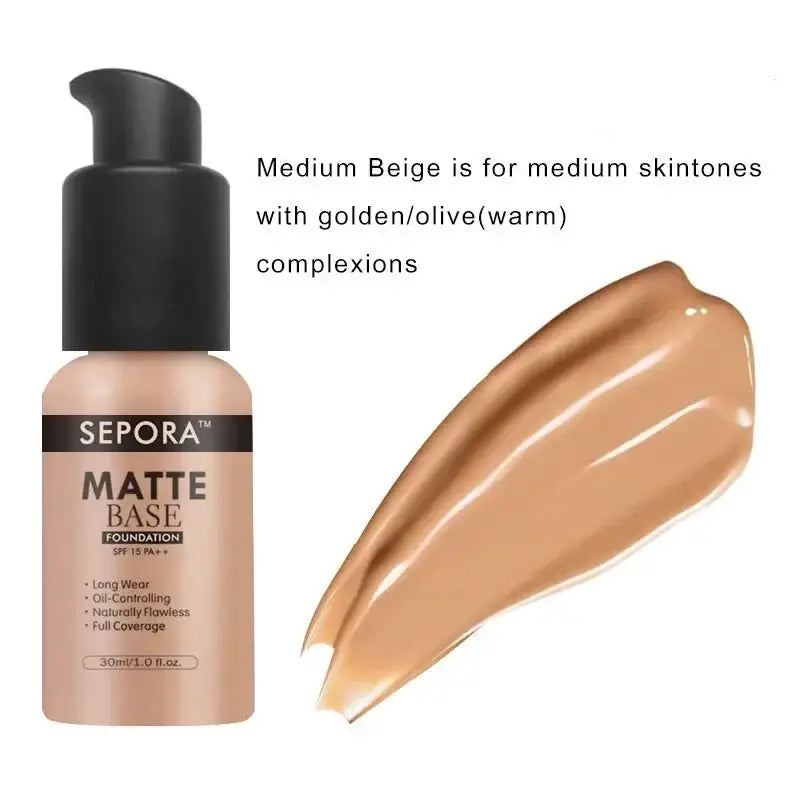 Bottle of Sepora Matte Base foundation in Medium Beige with a swatch of the product beside it.