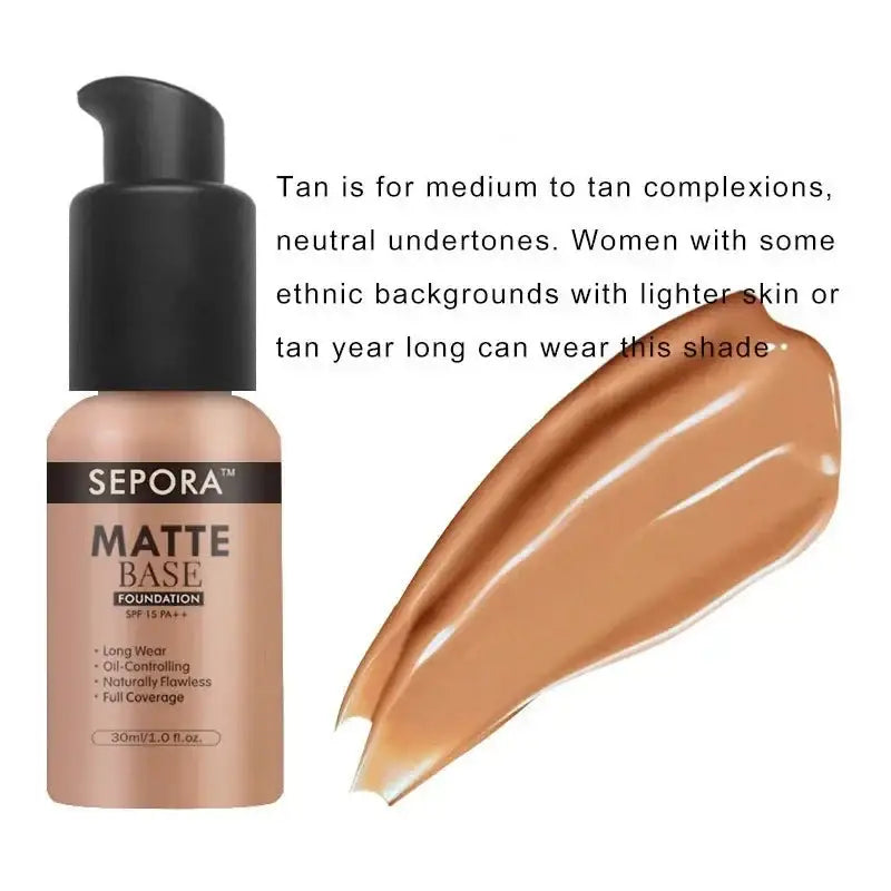 Bottle of Sepora Matte Base foundation with tan-colored product swatches.