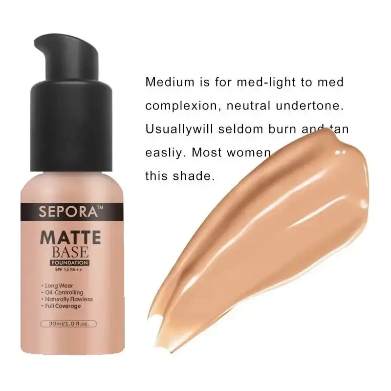 Bottle of Sepora matte base foundation with a swatch of the product next to it.