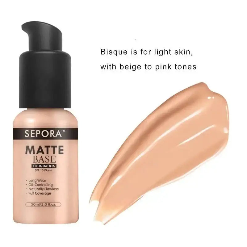 Bottle of Sepora Matte Base foundation in the shade Bisque, with a swatch of the product next to it.