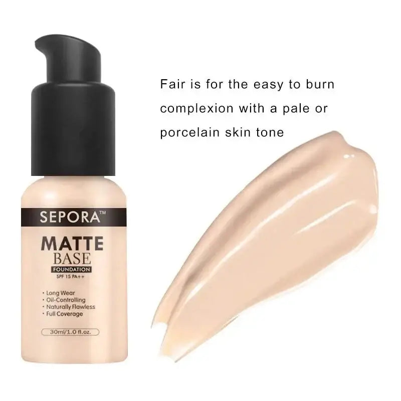 Bottle of Sepora Matte Base foundation with a swatch of the product next to it.