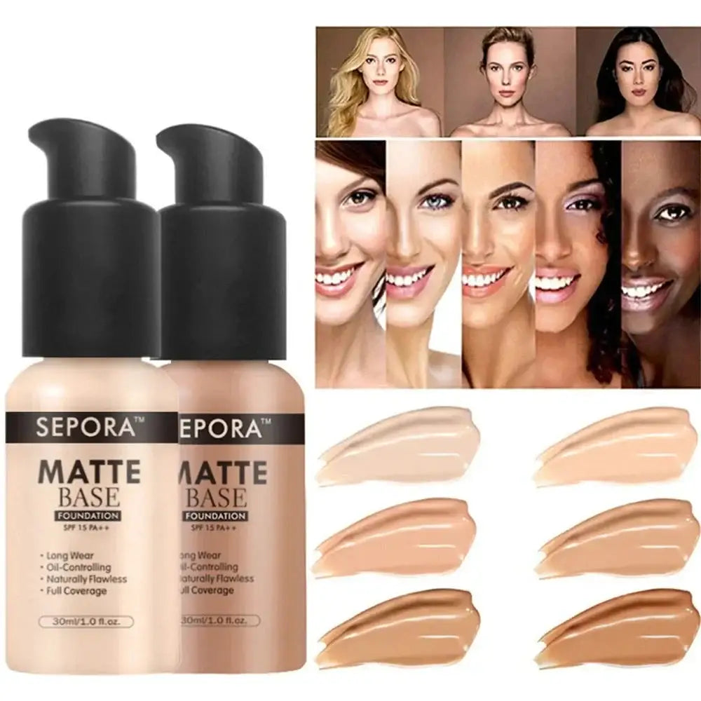 Matte foundation makeup bottles with swatches and diverse skin tone examples.