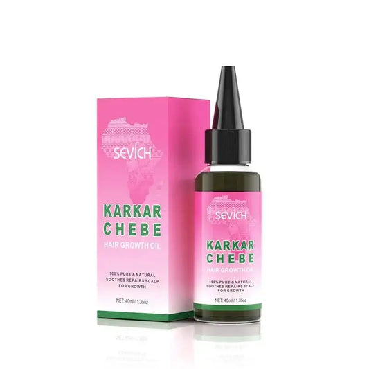 Hair growth serum bottle with pink packaging.