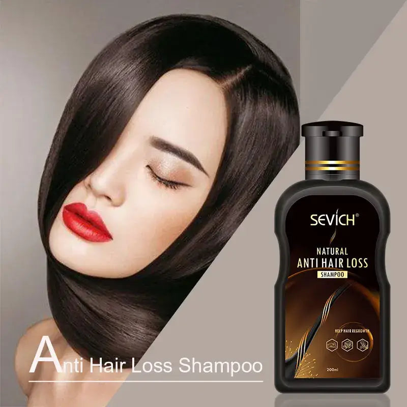 Anti-hair loss shampoo bottle with product advertisement featuring a woman’s face and hair.