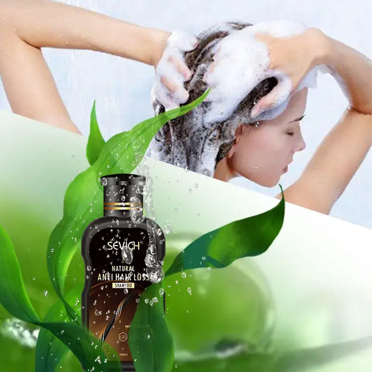 Bottle of Sevich natural anti-hair loss shampoo alongside a person washing their hair.