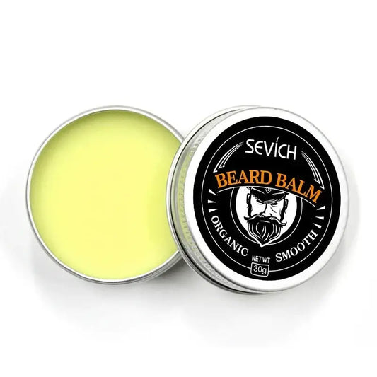 Tin of Sevich brand beard balm with an open lid showing yellow product inside.