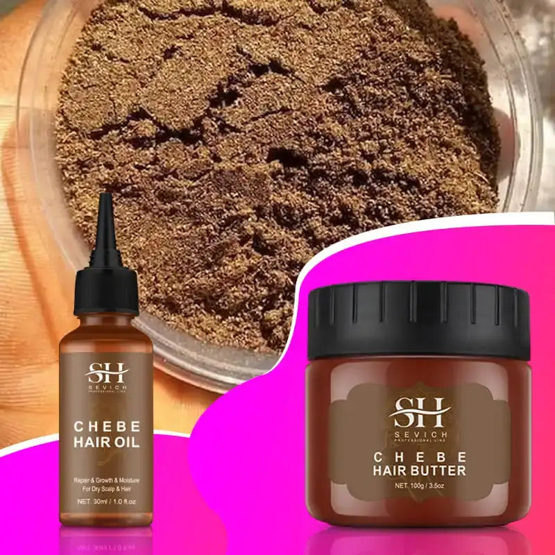 Brown powdery substance in a clear container, with hair care product bottles displayed below.