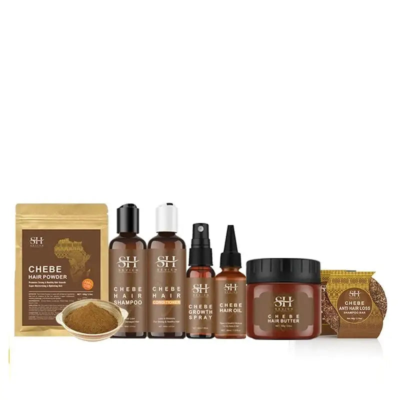 Collection of hair care products featuring Chebe powder and various treatments in brown and gold packaging.