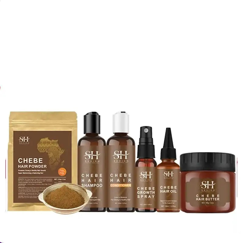 Collection of hair care products from the brand SH featuring Chebe powder and various hair treatments in bottles and jars.