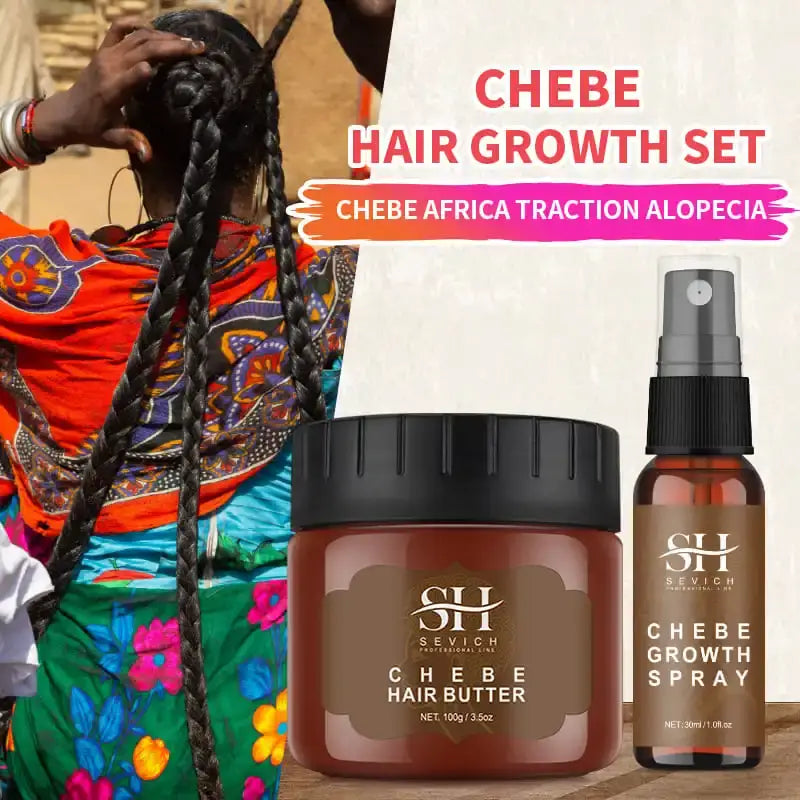 Hair growth product set featuring a jar of hair butter and a spray bottle.